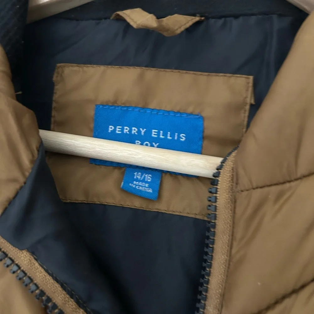Perry Ellis Boys Size 14/16 Tan Brown Quilted Winter Jacket Coat
